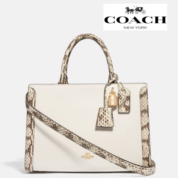 Coach Zoe Chalk Exotic Snakeskin Trim Top Handle Satchel Bag F68293 Zoe - Picture 1 of 15